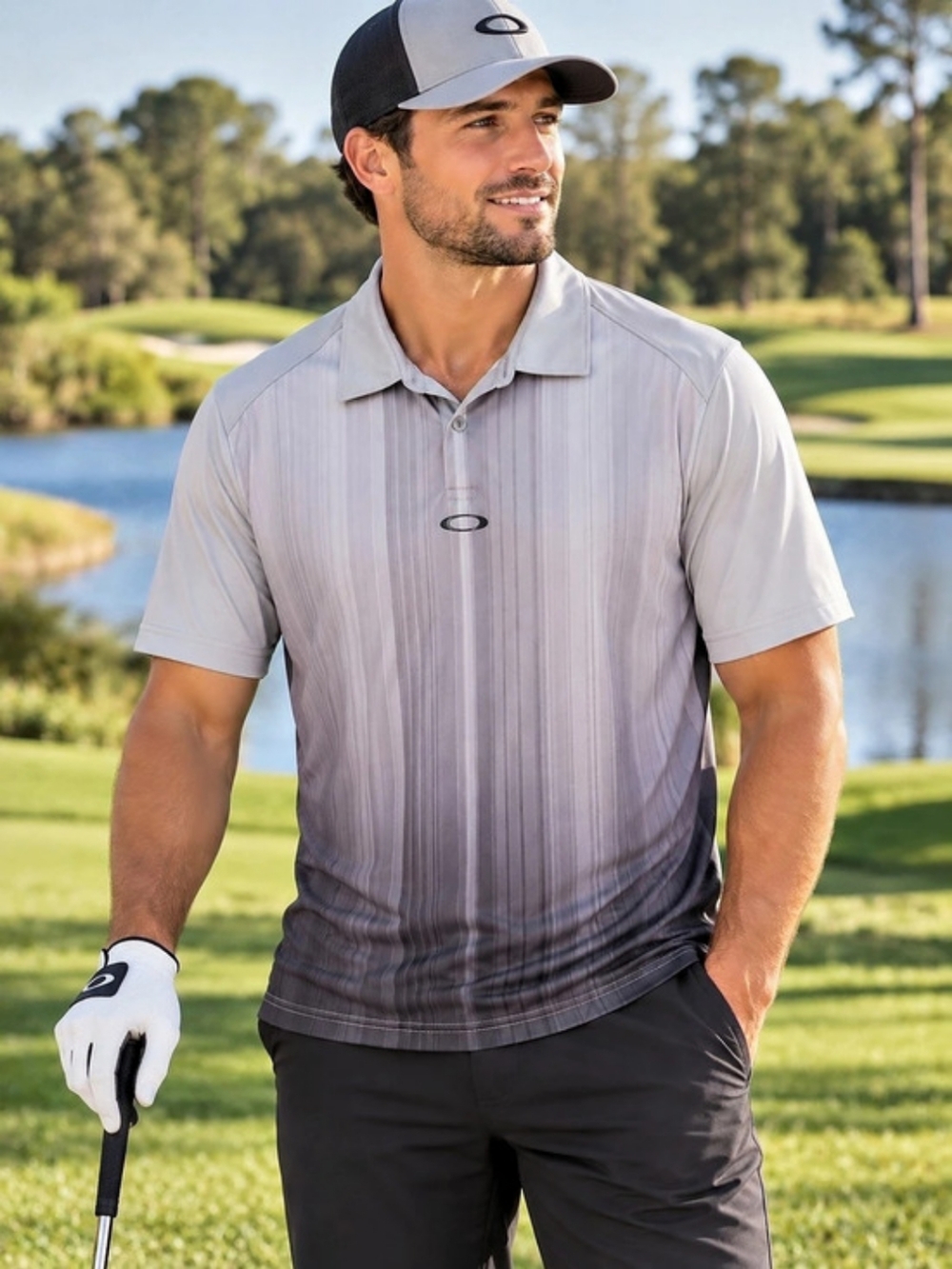 Oakley Golf Polo Shirt Men's Small Grey Black Vertical Stripe Gradient Ombré